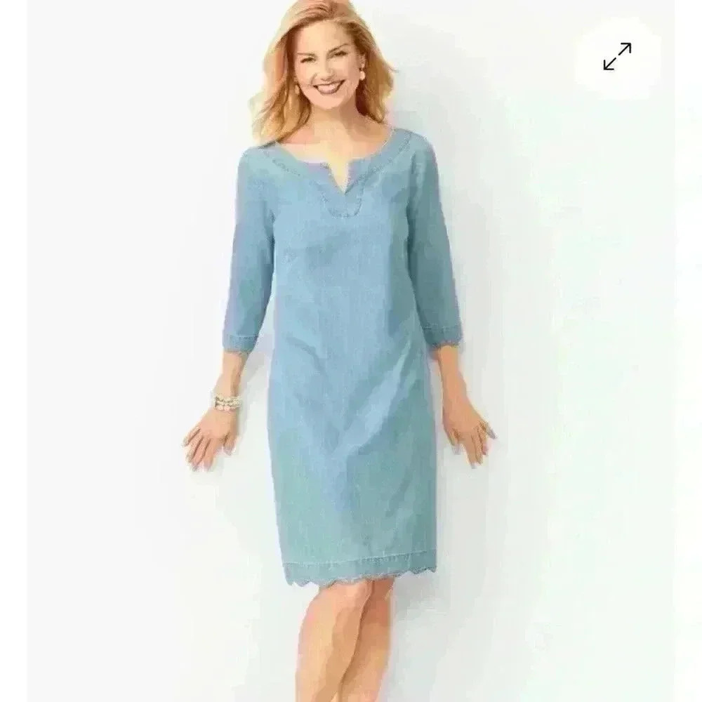 Talbots Women’s Blue Jean Cotton Denim 3/4 Sleeve Scallop Shift Dress Size 6 - Picture 8 of 8